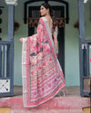 Pink & White Pure Cotton Linen Saree | Floral Foliage Print with Contrast Border & Tassels