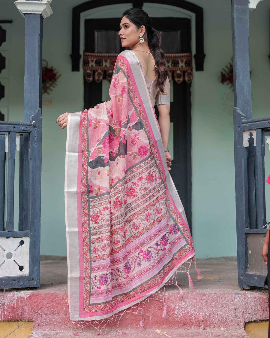 Pink and White Pure Cotton Linen Saree with Floral and Foliage Prints, Contrast Border, and Tassels