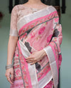 Pink & White Pure Cotton Linen Saree | Floral Foliage Print with Contrast Border & Tassels