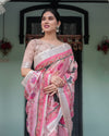 Pink and White Pure Cotton Linen Saree with Floral and Foliage Prints, Contrast Border, and Tassels