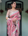 Pink & White Pure Cotton Linen Saree | Floral Foliage Print with Contrast Border & Tassels