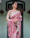 Pink and White Pure Cotton Linen Saree with Floral and Foliage Prints, Contrast Border, and Tassels