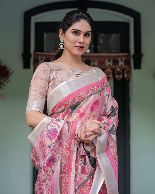 Pink & White Pure Cotton Linen Saree | Floral Foliage Print with Contrast Border & Tassels