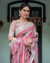 Pink and White Pure Cotton Linen Saree with Floral and Foliage Prints, Contrast Border, and Tassels