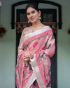 Pink & White Pure Cotton Linen Saree | Floral Foliage Print with Contrast Border & Tassels