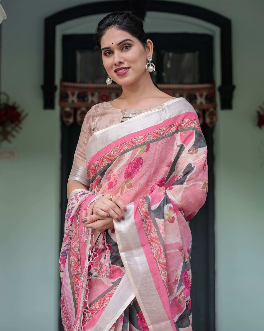 Pink & White Pure Cotton Linen Saree | Floral Foliage Print with Contrast Border & Tassels