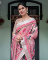 Pink and White Pure Cotton Linen Saree with Floral and Foliage Prints, Contrast Border, and Tassels