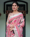 Pink and White Pure Cotton Linen Saree with Floral and Foliage Prints, Contrast Border, and Tassels