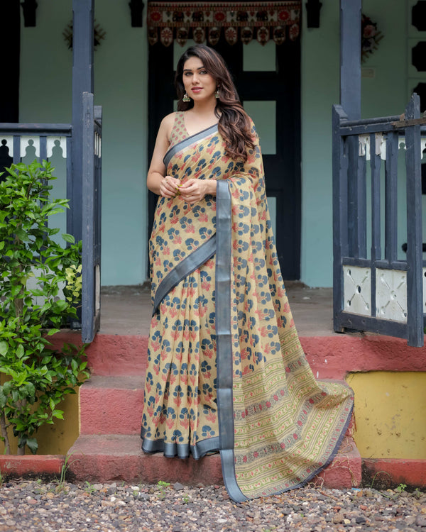 Beige & Charcoal Pure Cotton Linen Saree | Floral Print with Blouse & Tassel Detailing