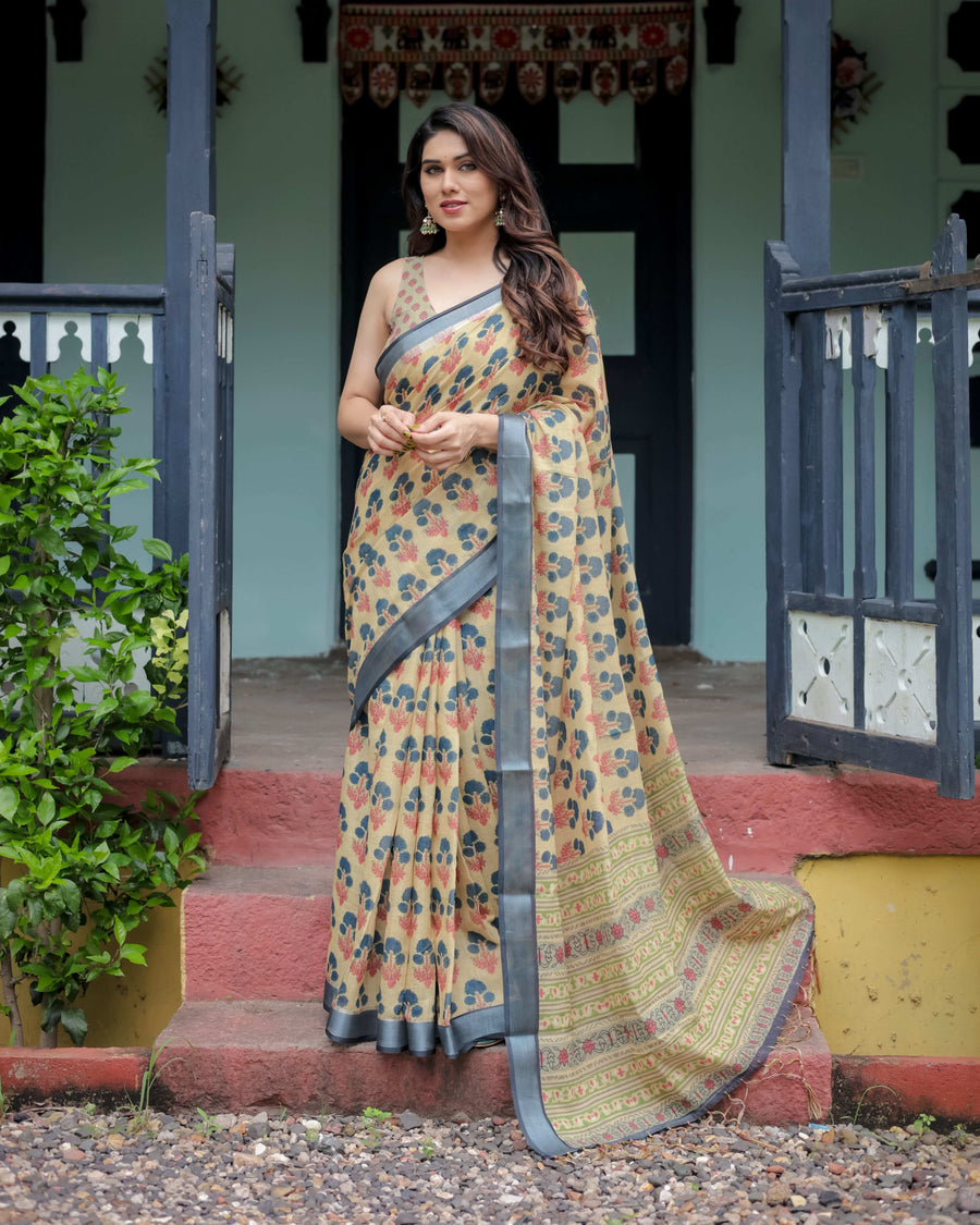 Beige & Charcoal Pure Cotton Linen Saree | Floral Print with Blouse & Tassel Detailing