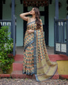 Beige & Charcoal Pure Cotton Linen Saree | Floral Print with Blouse & Tassel Detailing