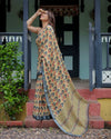 Beige & Charcoal Pure Cotton Linen Saree | Floral Print with Blouse & Tassel Detailing