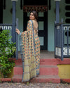 Beige & Charcoal Pure Cotton Linen Saree | Floral Print with Blouse & Tassel Detailing