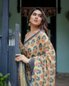 Beige & Charcoal Pure Cotton Linen Saree | Floral Print with Blouse & Tassel Detailing