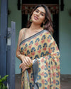 Beige & Charcoal Pure Cotton Linen Saree | Floral Print with Blouse & Tassel Detailing
