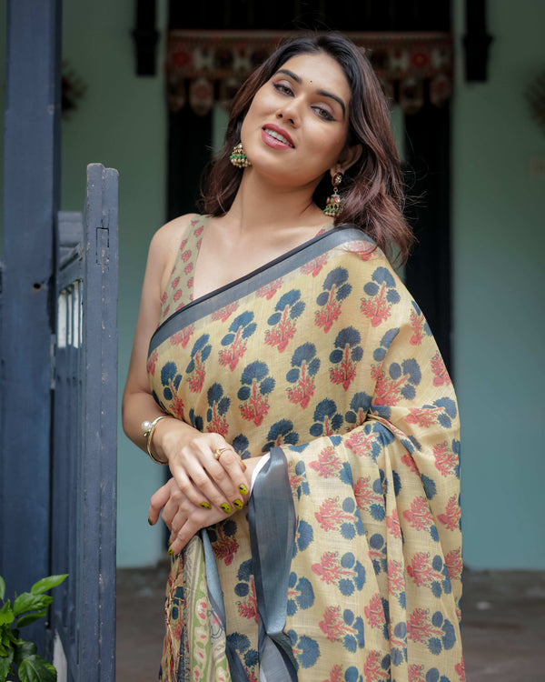 Beige & Charcoal Pure Cotton Linen Saree | Floral Print with Blouse & Tassel Detailing