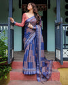 Navy Blue & Red Pure Cotton Linen Saree | Bold Contrast Design with Blouse & Tassel Edges