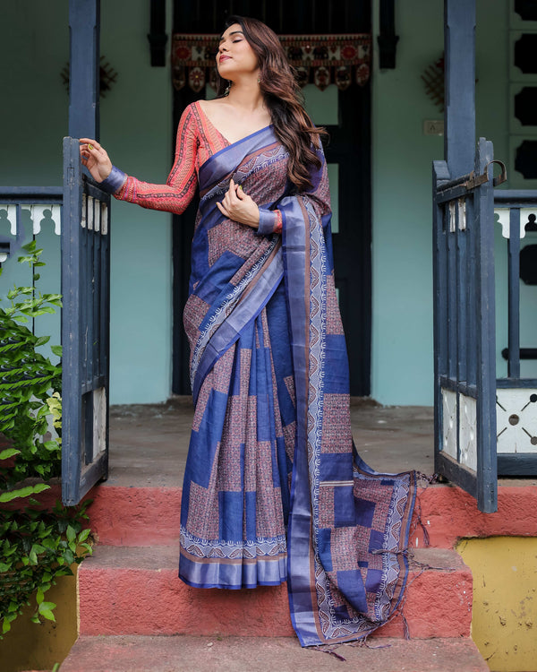 Navy Blue & Red Pure Cotton Linen Saree | Bold Contrast Design with Blouse & Tassel Edges
