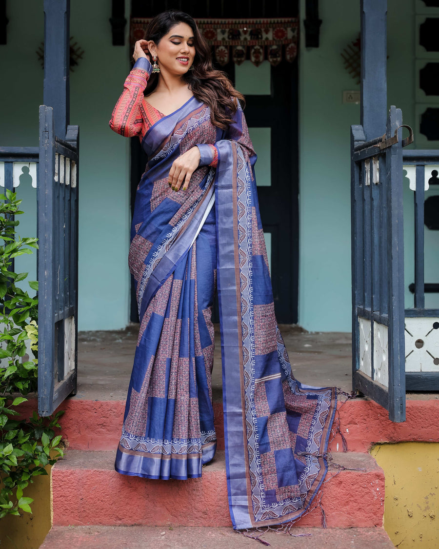 Navy Blue & Red Pure Cotton Linen Saree | Bold Contrast Design with Blouse & Tassel Edges