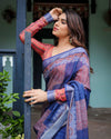 Navy Blue & Red Pure Cotton Linen Saree | Bold Contrast Design with Blouse & Tassel Edges