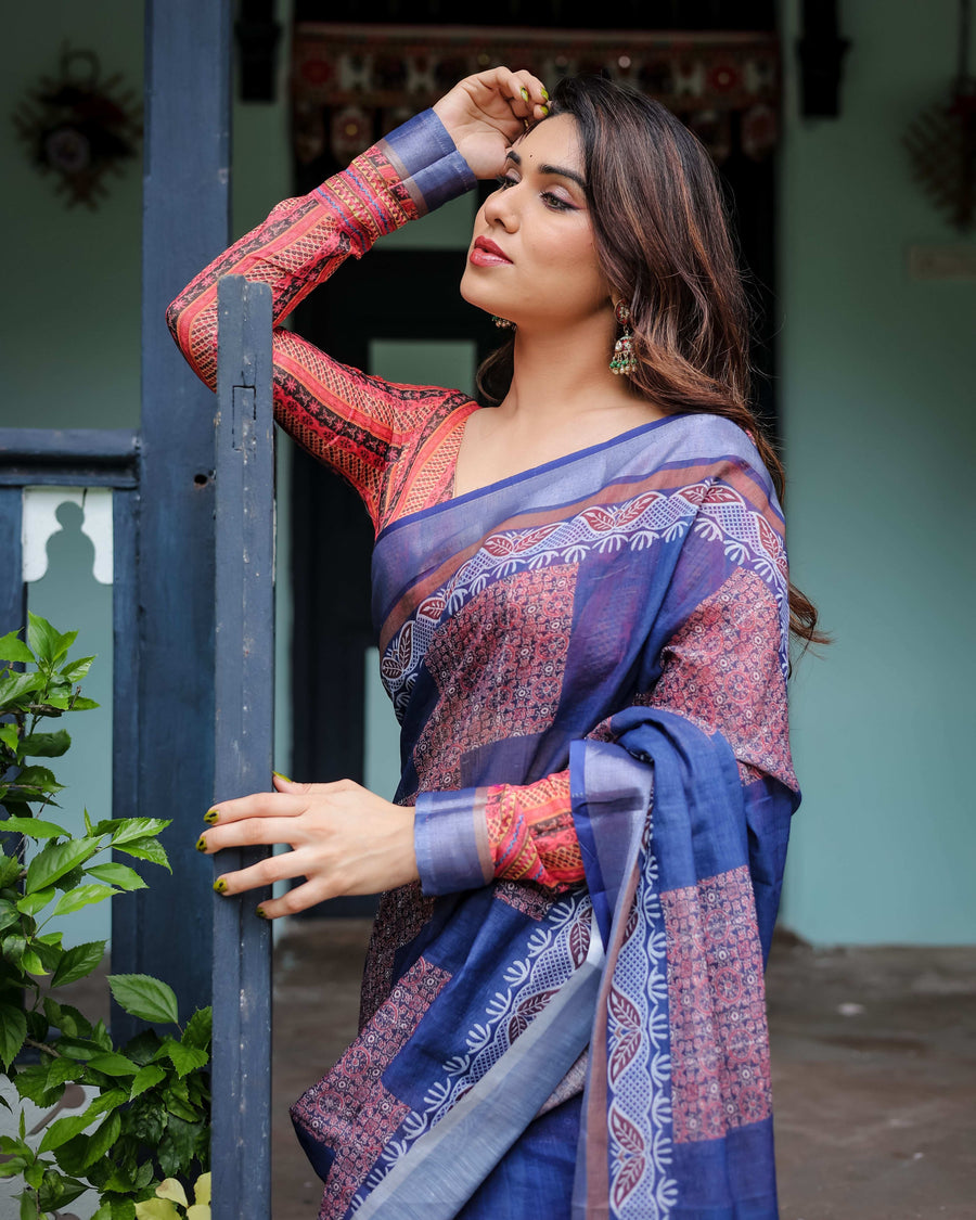 Navy Blue & Red Pure Cotton Linen Saree | Bold Contrast Design with Blouse & Tassel Edges