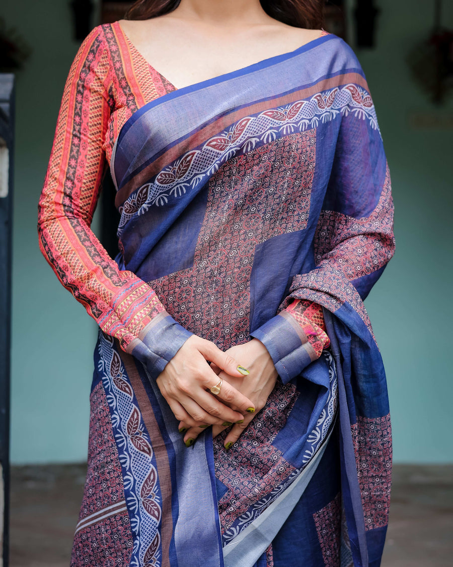 Navy Blue & Red Pure Cotton Linen Saree | Bold Contrast Design with Blouse & Tassel Edges