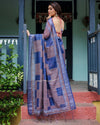 Navy Blue & Red Pure Cotton Linen Saree | Bold Contrast Design with Blouse & Tassel Edges
