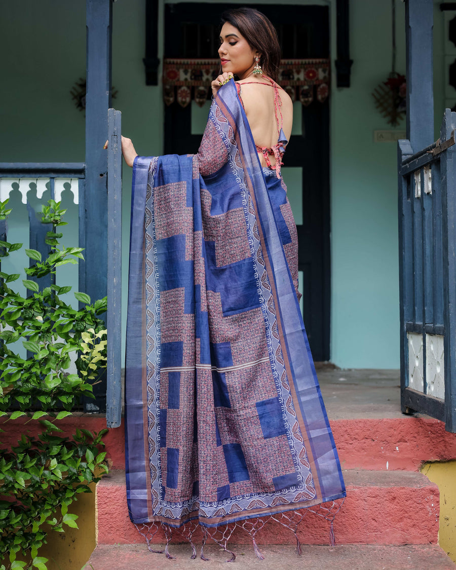 Navy Blue & Red Pure Cotton Linen Saree | Bold Contrast Design with Blouse & Tassel Edges