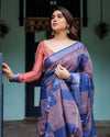 Navy Blue & Red Pure Cotton Linen Saree | Bold Contrast Design with Blouse & Tassel Edges