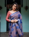 Navy Blue & Red Pure Cotton Linen Saree | Bold Contrast Design with Blouse & Tassel Edges