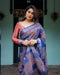 Navy Blue & Red Pure Cotton Linen Saree | Bold Contrast Design with Blouse & Tassel Edges