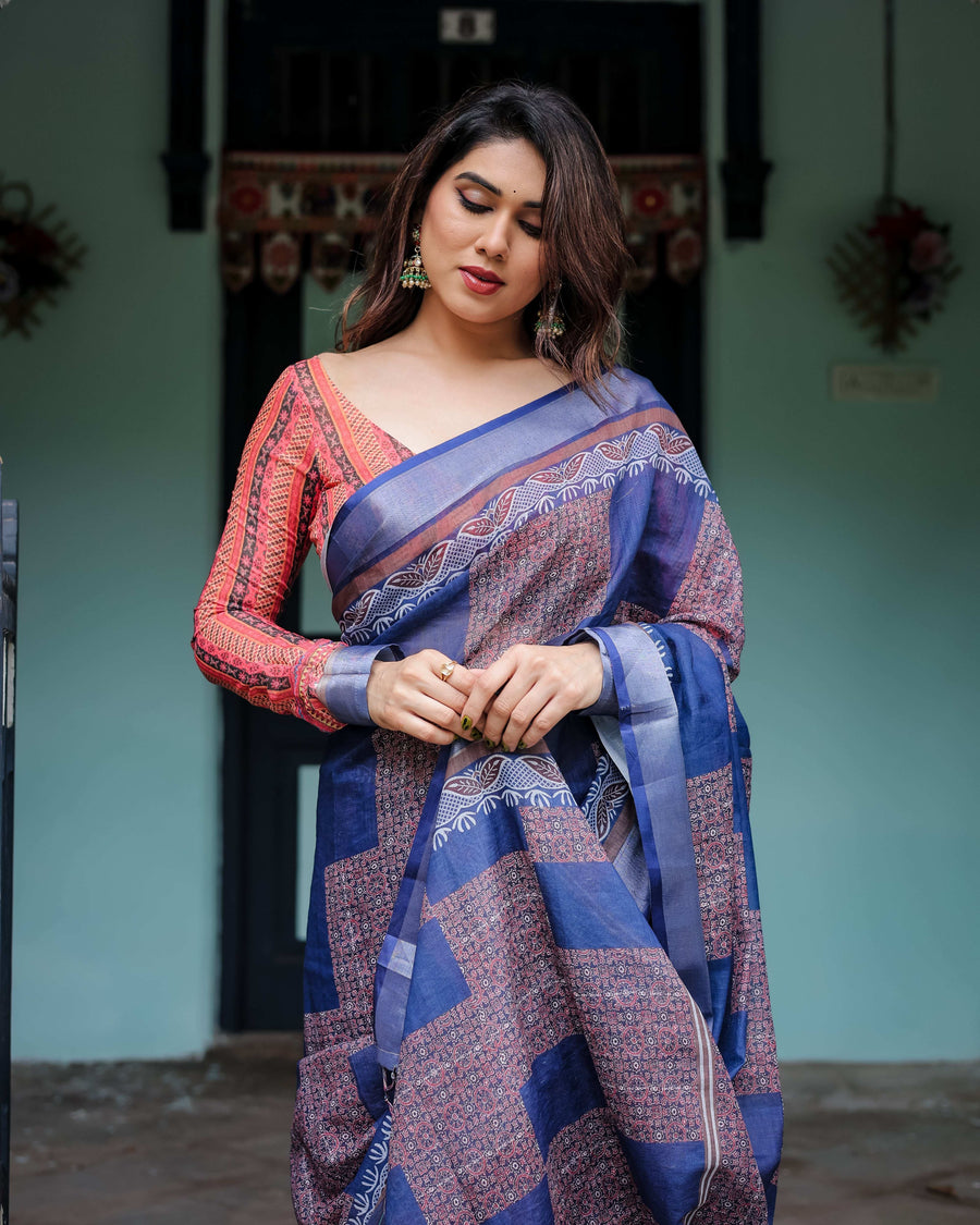 Navy Blue & Red Pure Cotton Linen Saree | Bold Contrast Design with Blouse & Tassel Edges