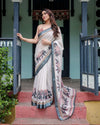 Ivory Pure Cotton Linen Saree | Elephant Motif with Tassel Detailing