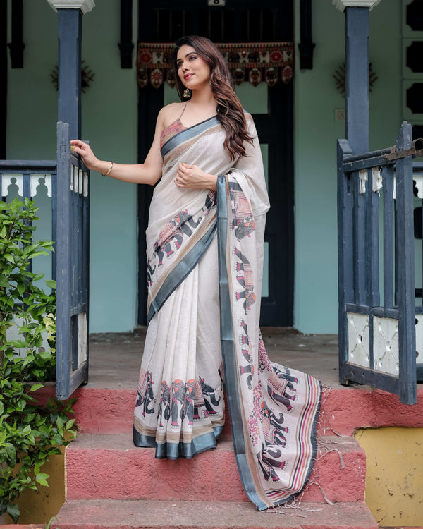 Ivory Pure Cotton Linen Saree | Elephant Motif with Tassel Detailing
