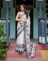 Ivory Pure Cotton Linen Saree | Elephant Motif with Tassel Detailing