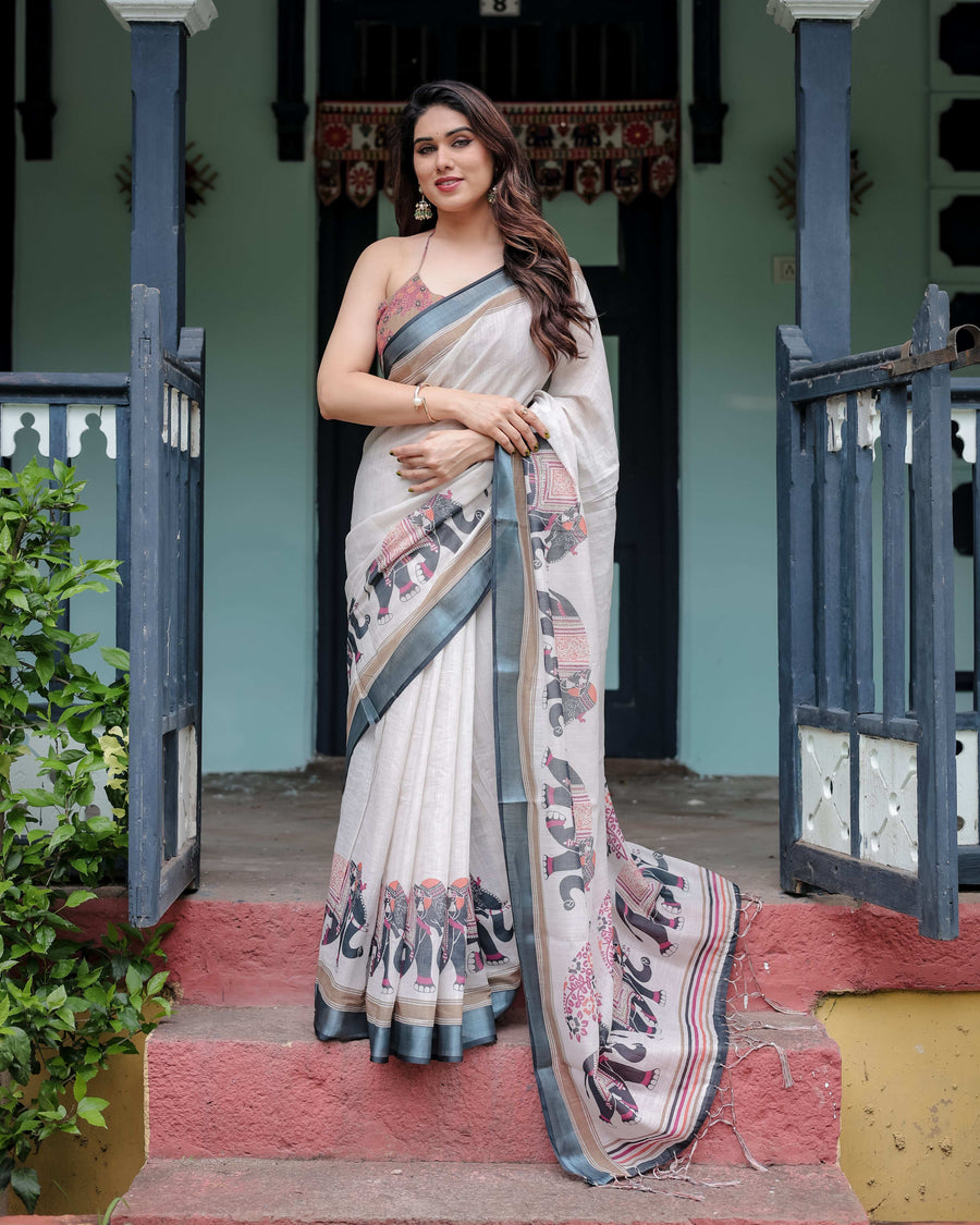 Ivory Pure Cotton Linen Saree | Elephant Motif with Tassel Detailing