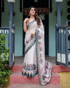 Ivory Pure Cotton Linen Saree | Elephant Motif with Tassel Detailing