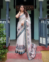 Ivory Pure Cotton Linen Saree | Elephant Motif with Tassel Detailing