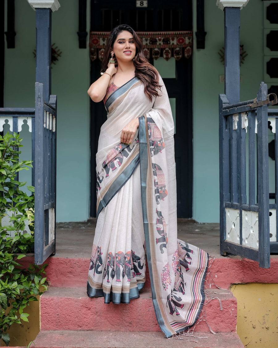 Ivory Pure Cotton Linen Saree | Elephant Motif with Tassel Detailing
