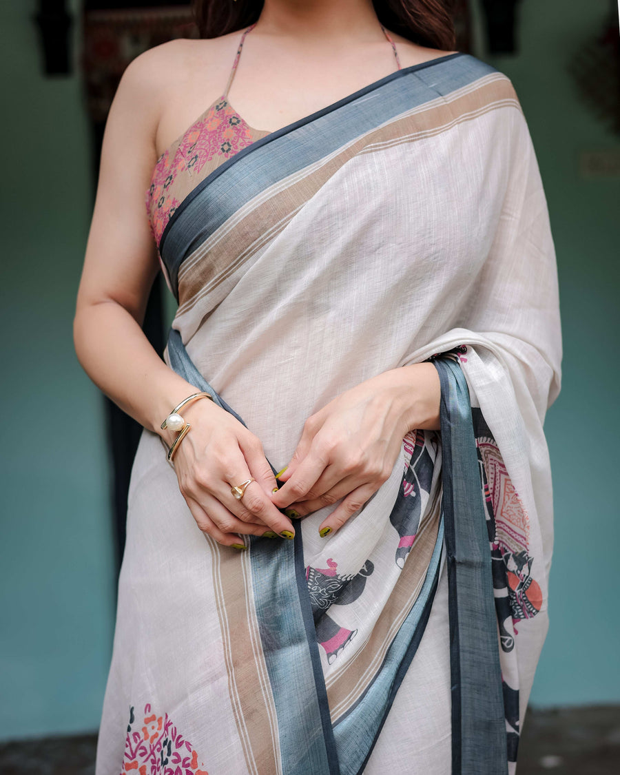 Ivory Pure Cotton Linen Saree | Elephant Motif with Tassel Detailing