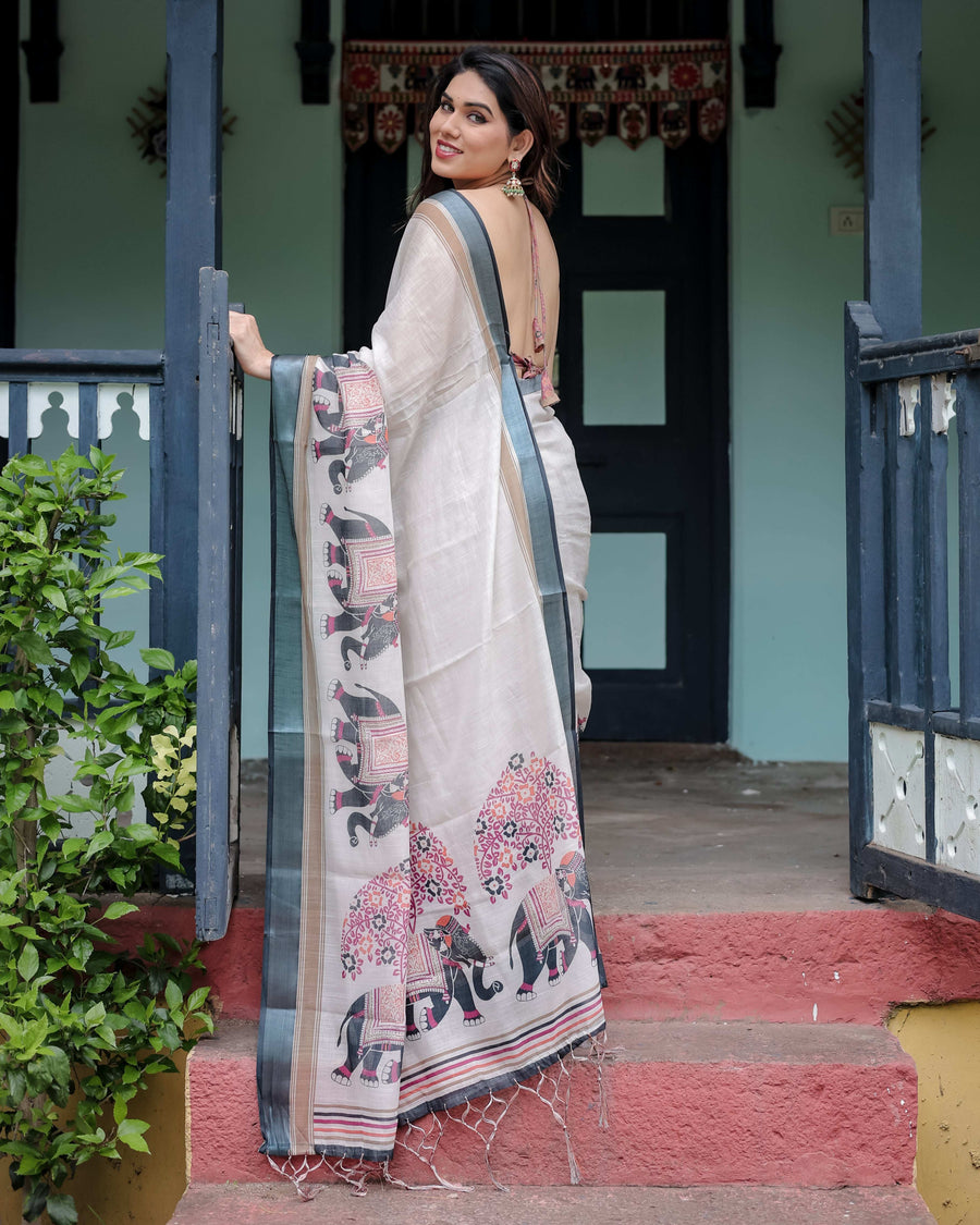Ivory Pure Cotton Linen Saree | Elephant Motif with Tassel Detailing