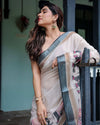 Ivory Pure Cotton Linen Saree | Elephant Motif with Tassel Detailing