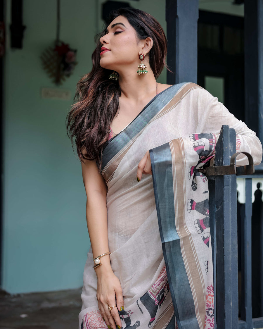 Ivory Pure Cotton Linen Saree | Elephant Motif with Tassel Detailing