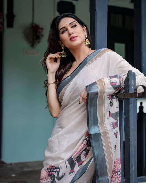 Ivory Pure Cotton Linen Saree | Elephant Motif with Tassel Detailing