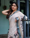 Ivory Pure Cotton Linen Saree | Elephant Motif with Tassel Detailing