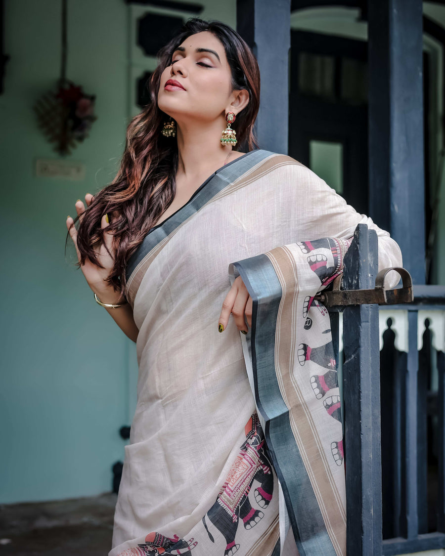 Ivory Pure Cotton Linen Saree | Elephant Motif with Tassel Detailing