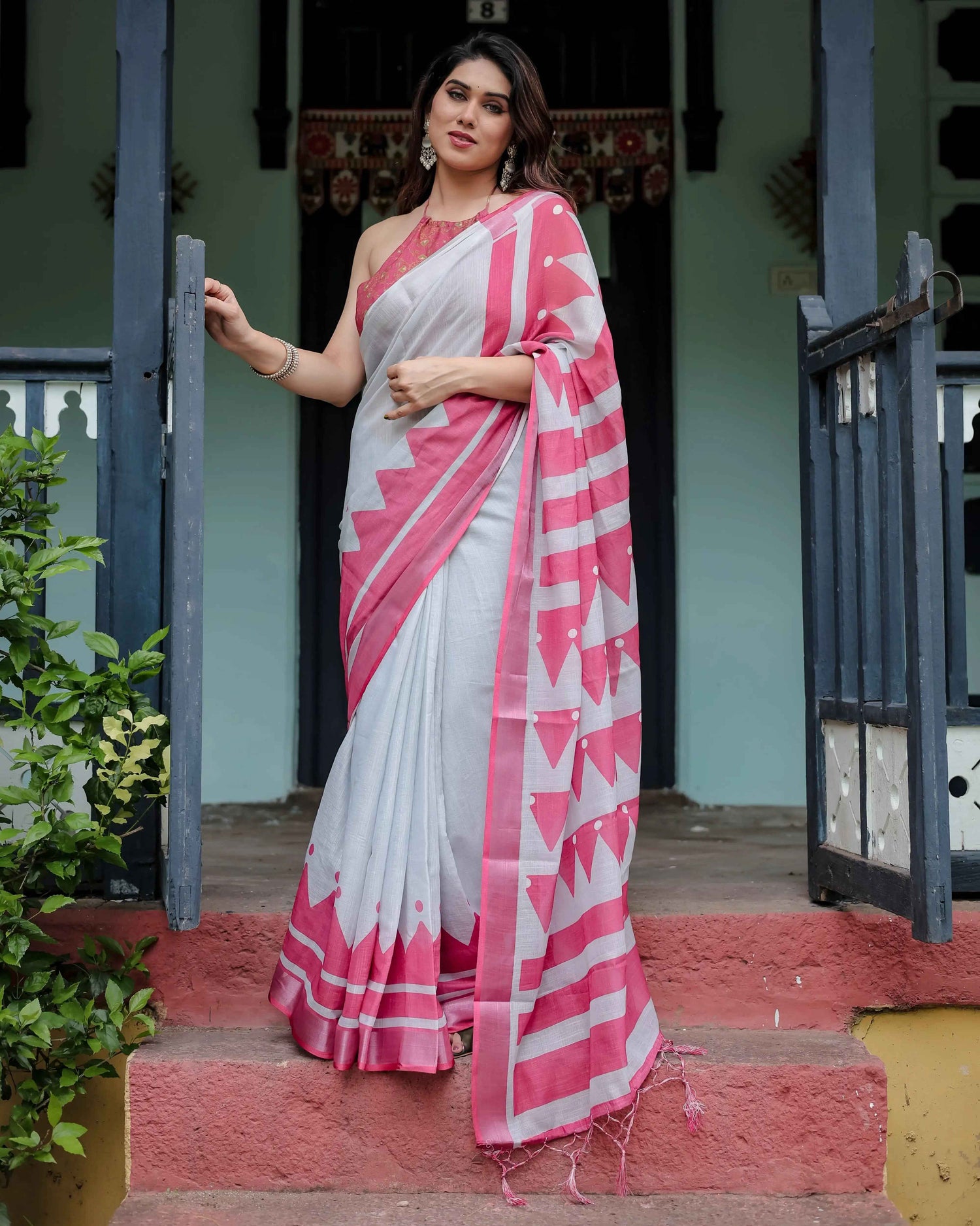 White & Pink Pure Cotton Linen Saree | Geometric Stripes with Blouse & Tassel Detailing