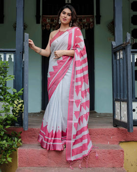 White & Pink Pure Cotton Linen Saree | Geometric Stripes with Blouse & Tassel Detailing