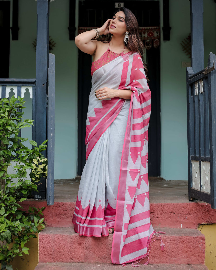 White & Pink Pure Cotton Linen Saree | Geometric Stripes with Blouse & Tassel Detailing