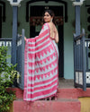 White & Pink Pure Cotton Linen Saree | Geometric Stripes with Blouse & Tassel Detailing